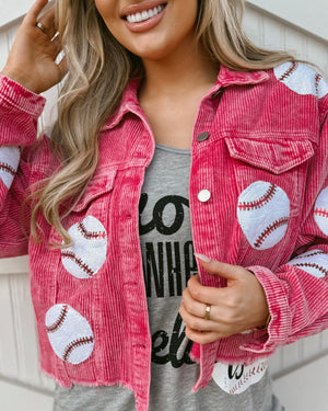 Pre-Order: Hot Pink Corduroy Sequin Baseball Jacket (Ships Approx. 6/20)
