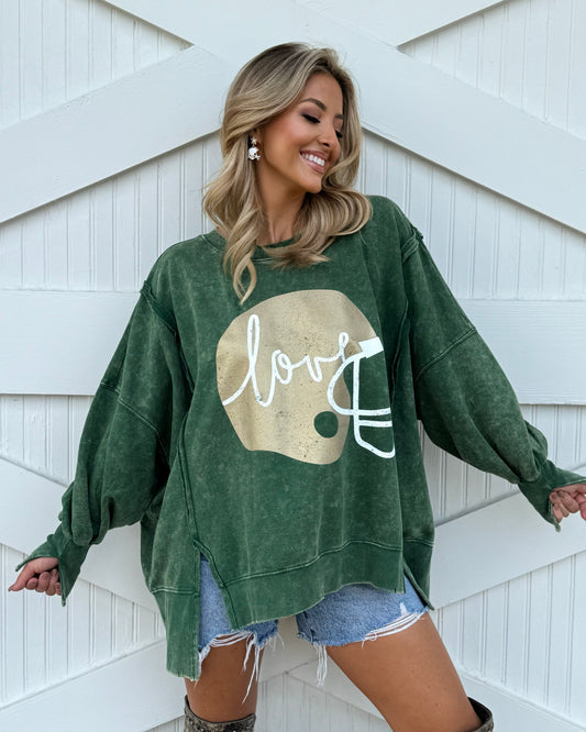 Exposed-Seam Green "Football Helmet Love" Oversized Mineral-Washed Pullover
