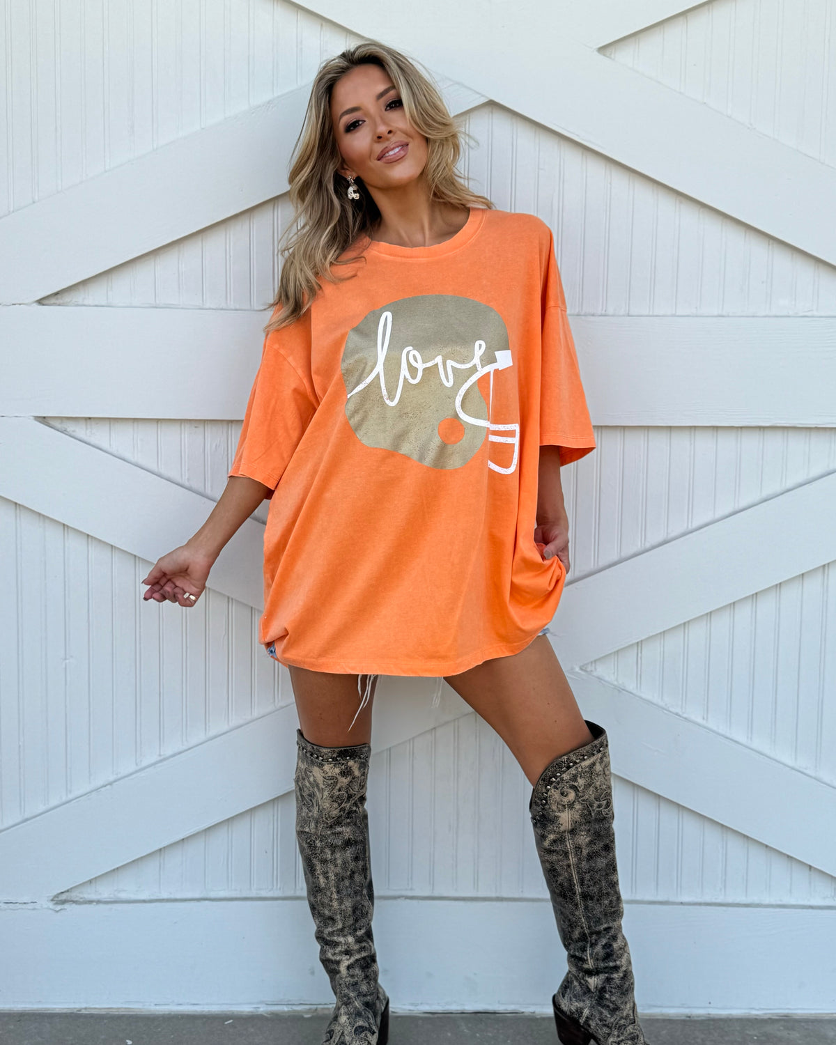 Orange "Football Helmet Love" Oversized Mineral-Washed Tee