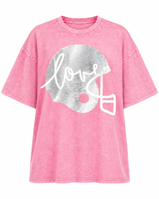 Pink "Football Helmet Love" Oversized Mineral-Washed Tee