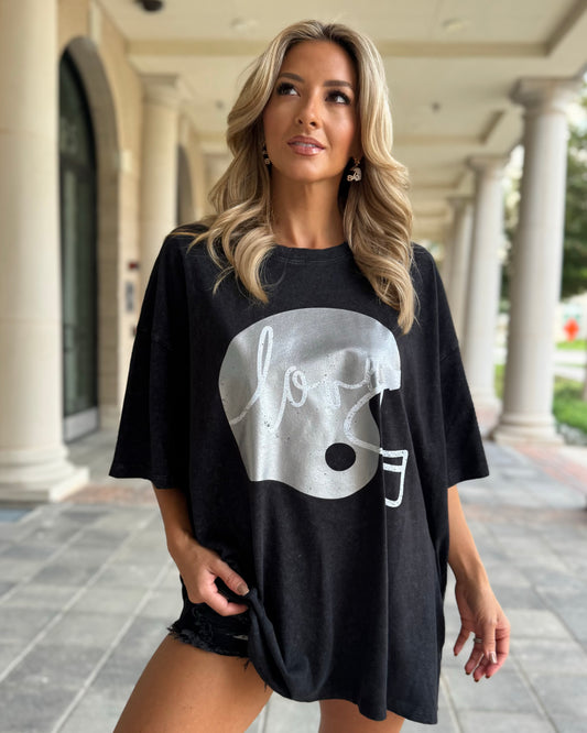 Black "Football Helmet Love" Oversized Mineral-Washed Tee