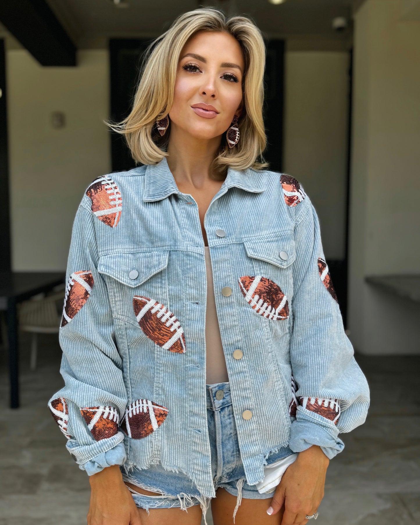 Light Blue Corduroy Sequin FOOTBALL Jacket