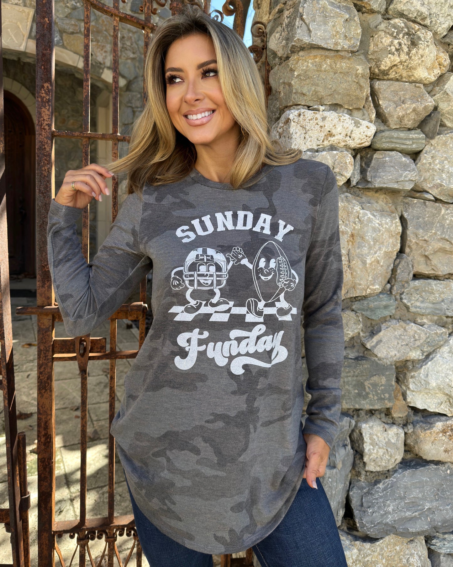 Retro “Sunday Funday” Cozy Soft Camo Tunic