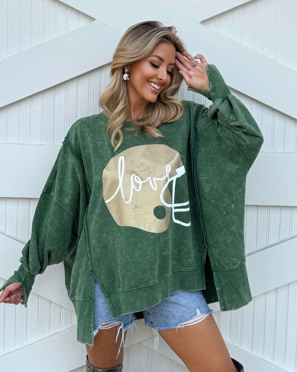 Exposed-Seam Green "Football Helmet Love" Oversized Mineral-Washed Pullover