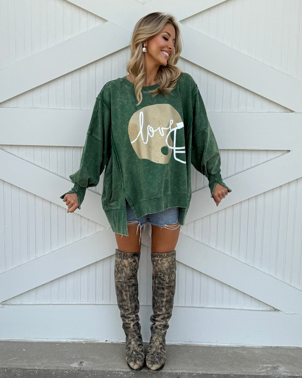 Exposed-Seam Green "Football Helmet Love" Oversized Mineral-Washed Pullover