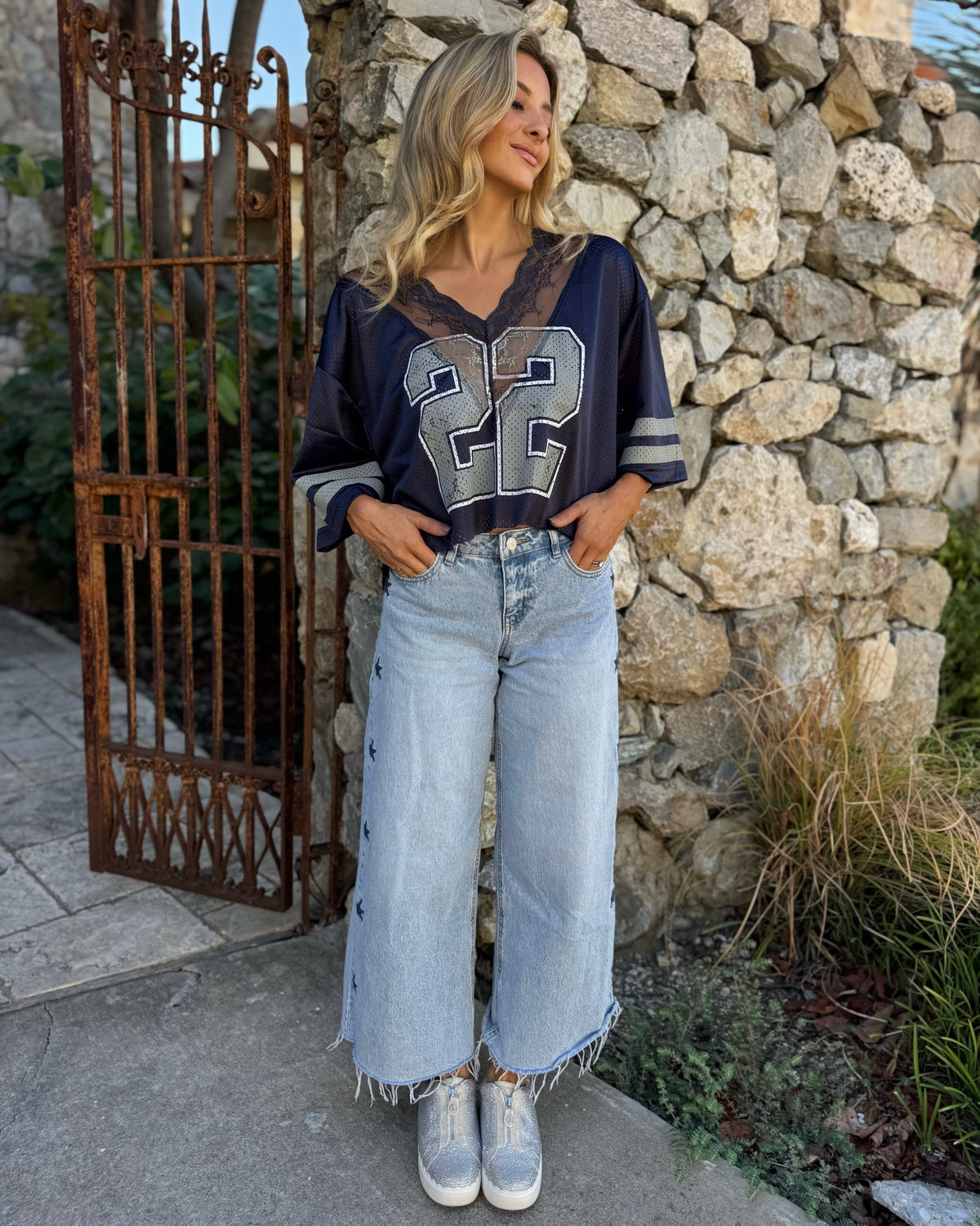 Navy "22" Lace V-Neck Cropped Jersey