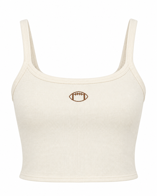 Beige + Brown Football Embroidered Mini Ribbed Tank