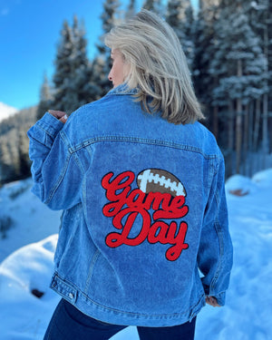RED Script GAME DAY Chenille-Patch Denim Jacket - Live Love Gameday®