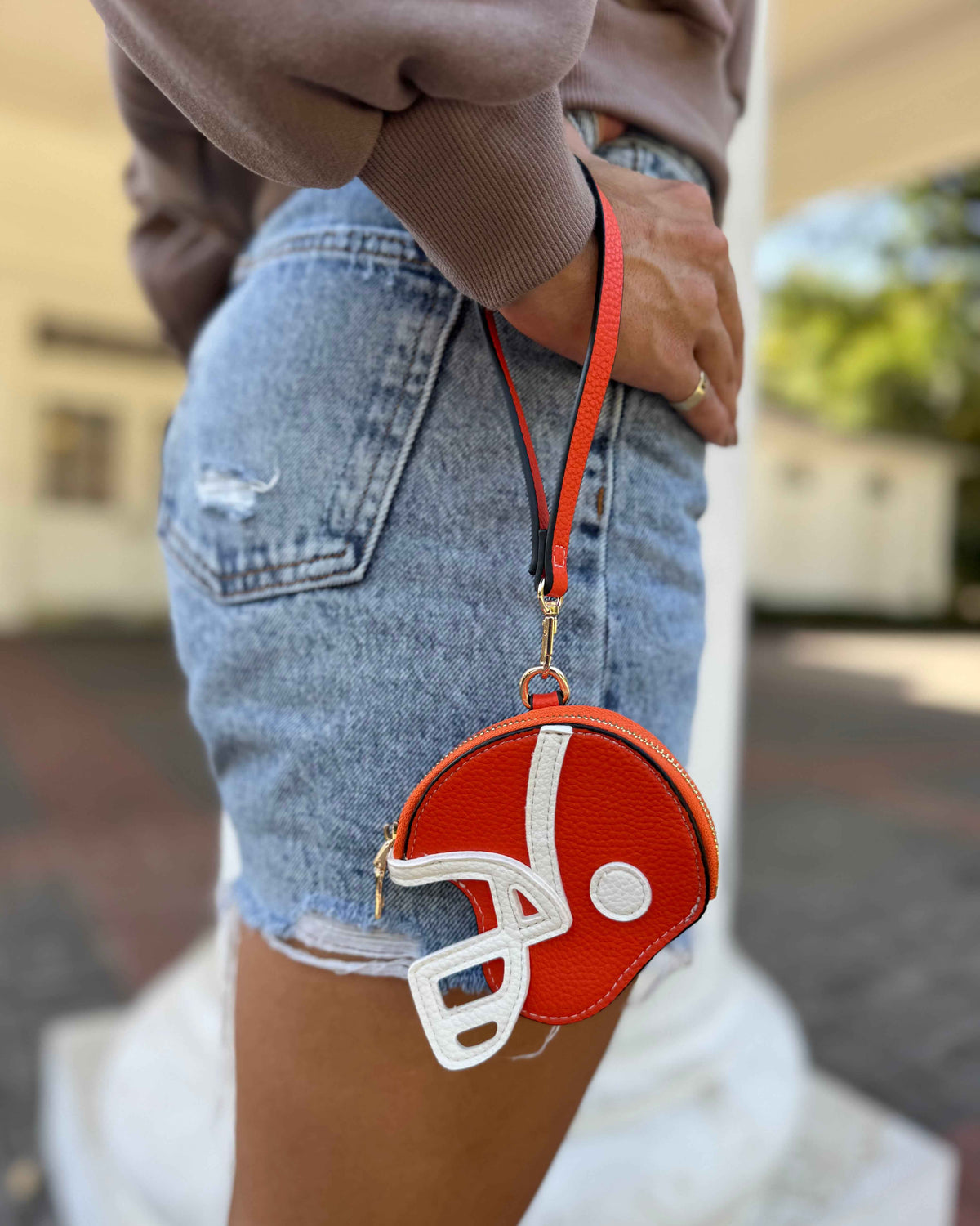 Orange Faux Leather Game Day Football-Helmet Coin Purse Wristlet