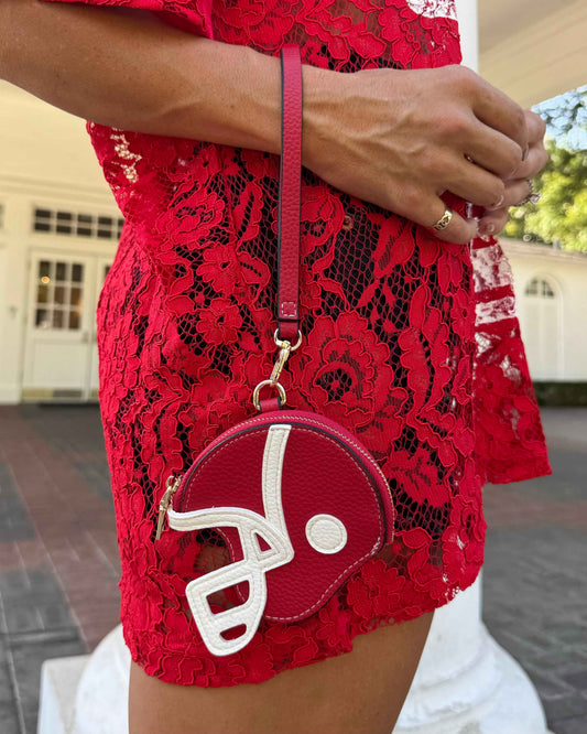 Red Faux Leather Game Day Football-Helmet Coin Purse Wristlet