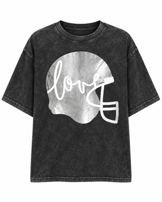 Black "Football Helmet Love" Oversized Mineral-Washed Tee