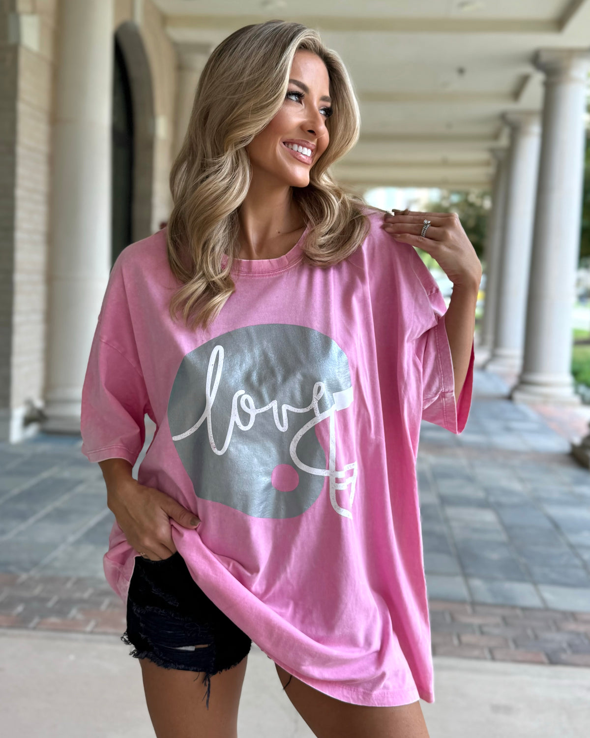 Pink "Football Helmet Love" Oversized Mineral-Washed Tee