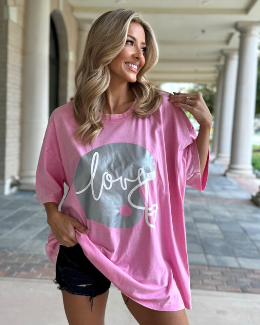 Pink "Football Helmet Love" Oversized Mineral-Washed Tee