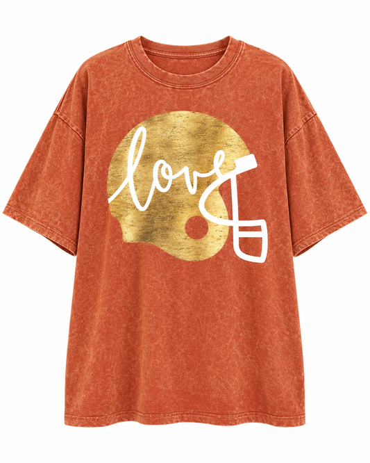 Rust "Football Helmet Love" Oversized Mineral-Washed Tee