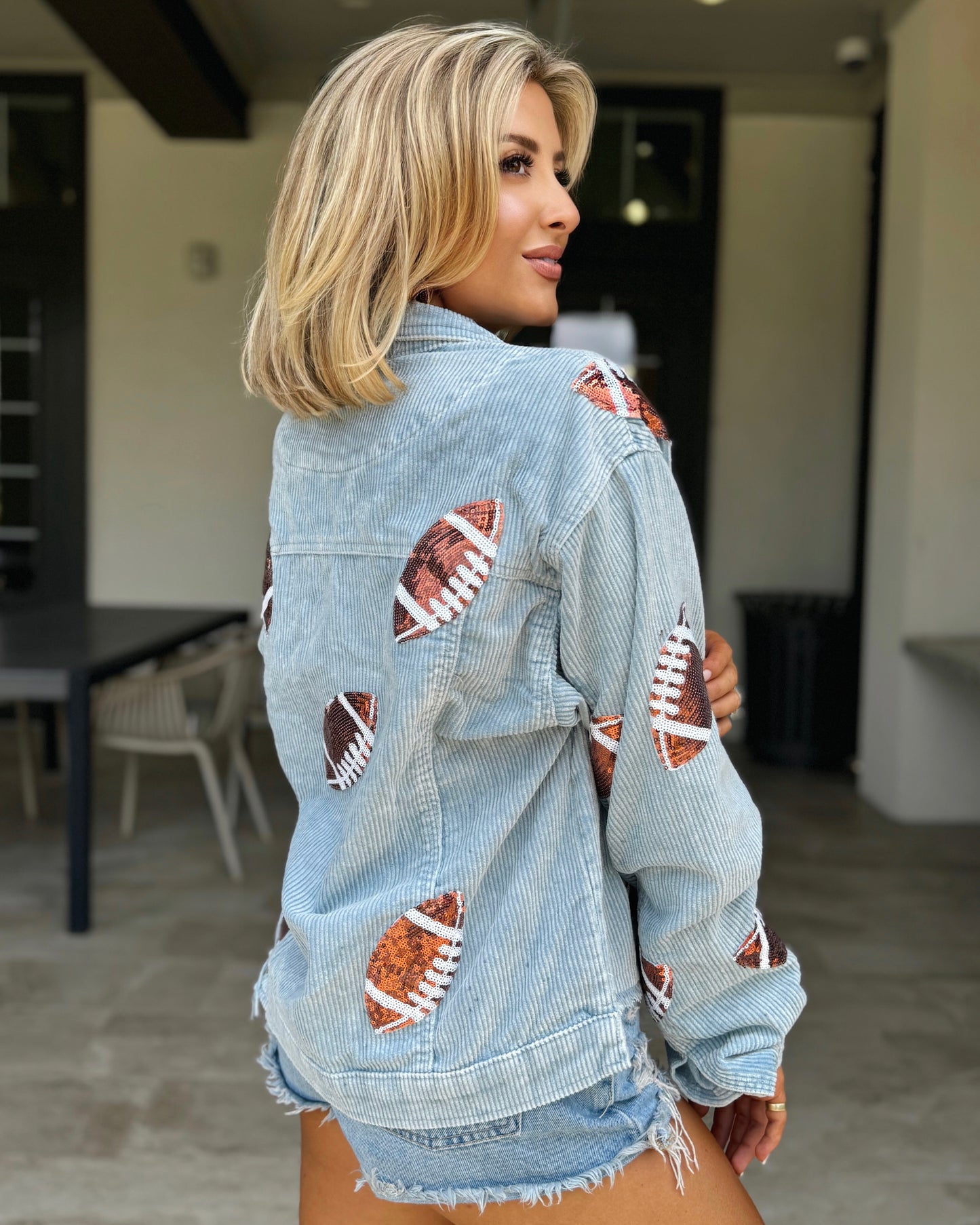 Light Blue Corduroy Sequin FOOTBALL Jacket