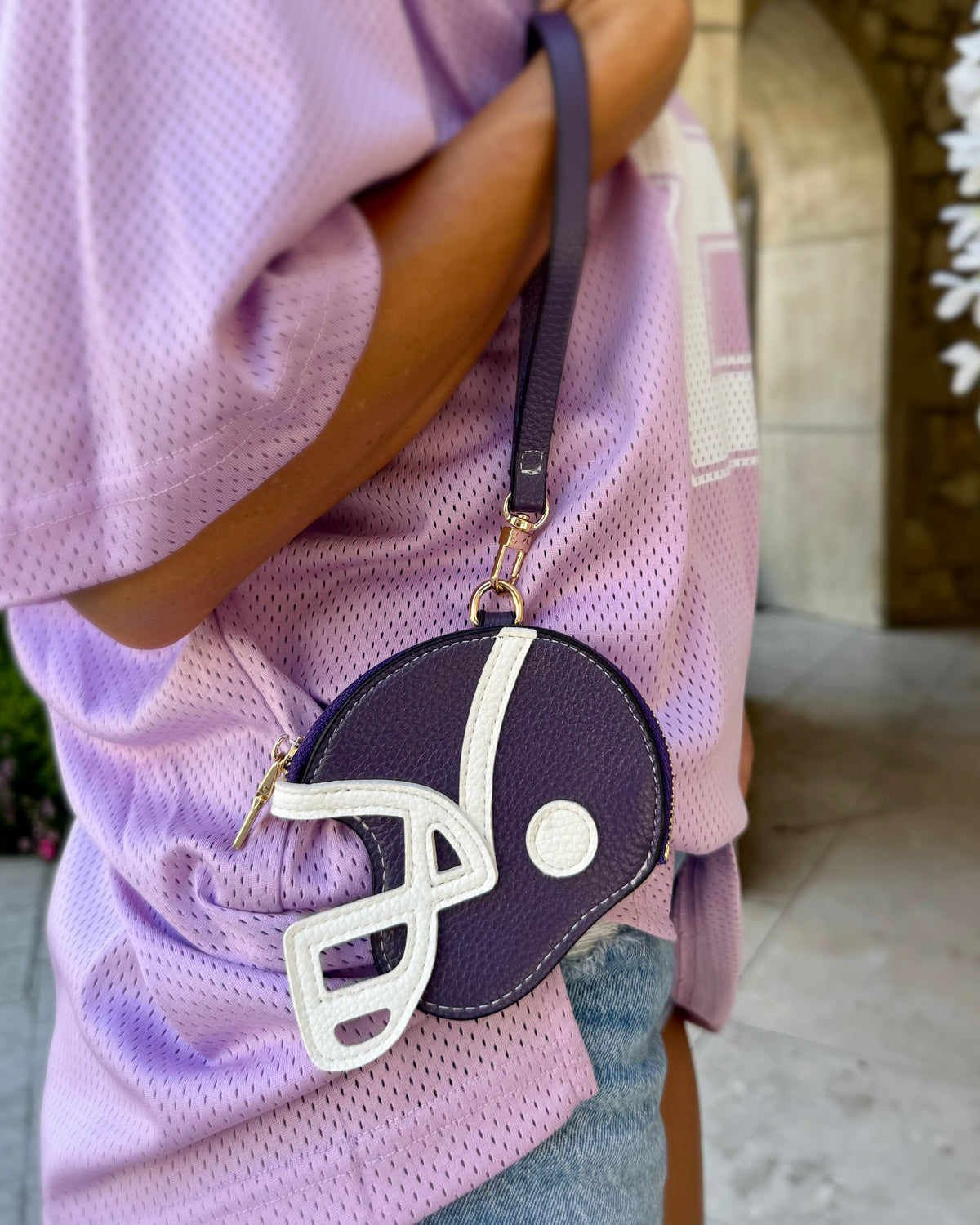 Purple Faux Leather Game Day Football-Helmet Coin Purse Wristlet