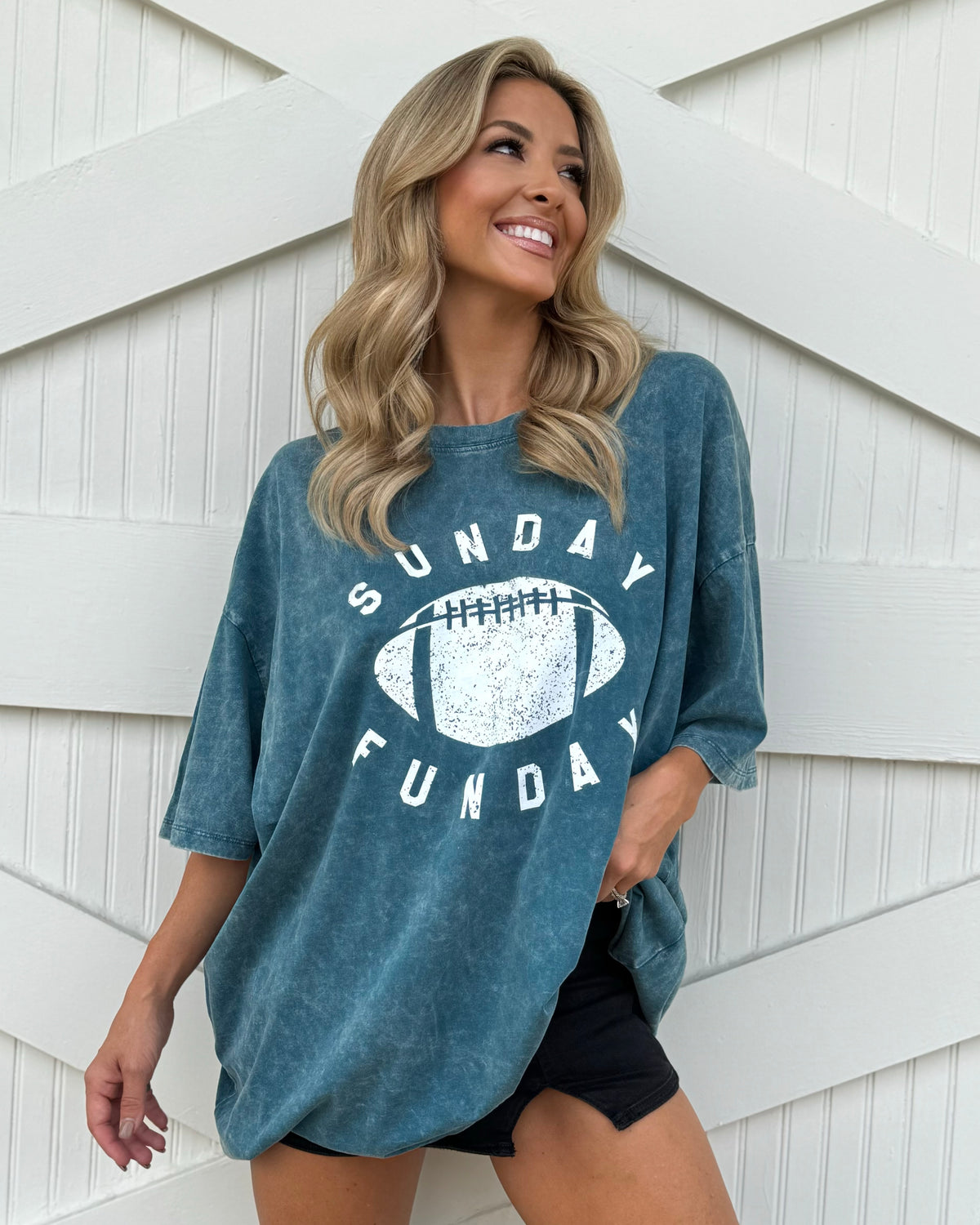 Teal "Sunday Funday" Oversized Mineral-Washed Football Tee