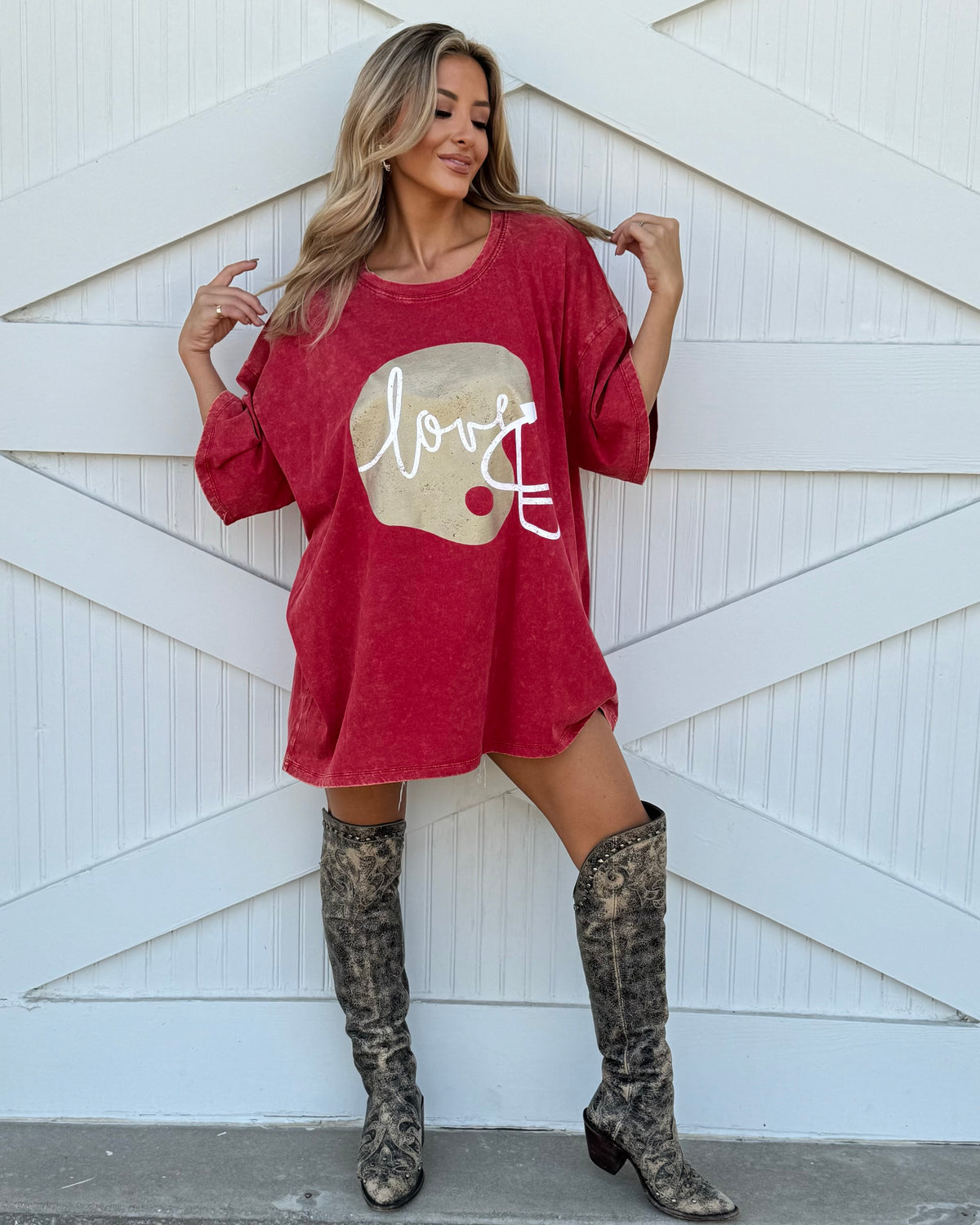 Red "Football Helmet Love" Oversized Mineral-Washed Tee