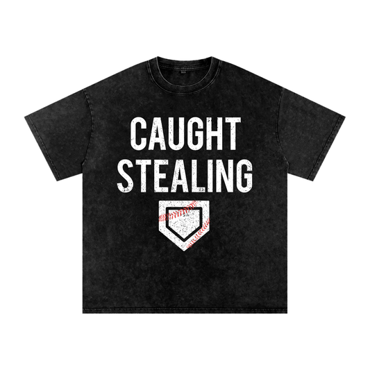 "Caught Stealing" Snow Washed Oversized Cotton Tee