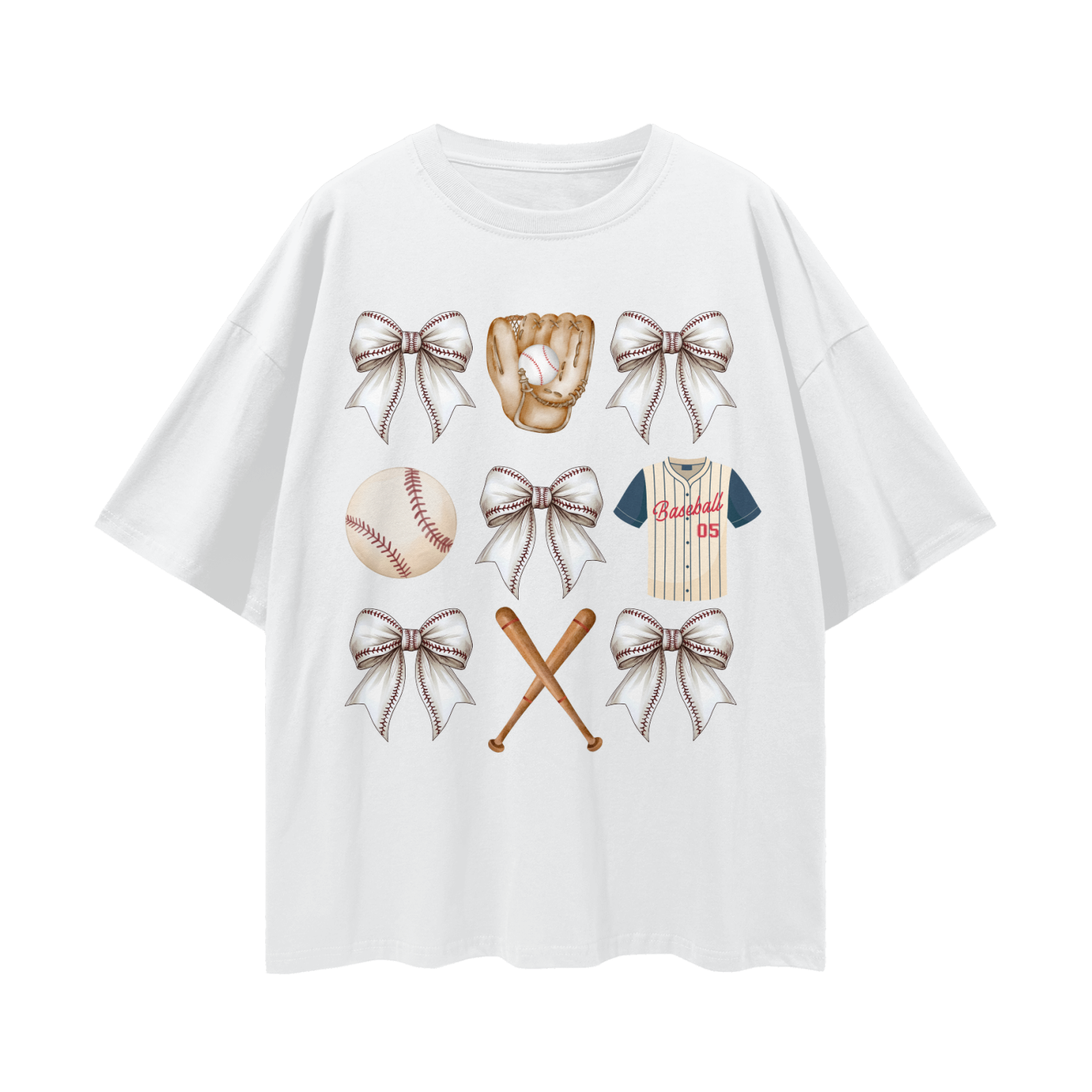 "Baseball Bows" Streetwear Loose-Drop Shoulder Tee