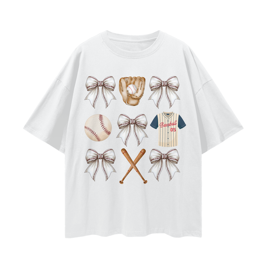 "Baseball Bows" Streetwear Loose-Drop Shoulder Tee