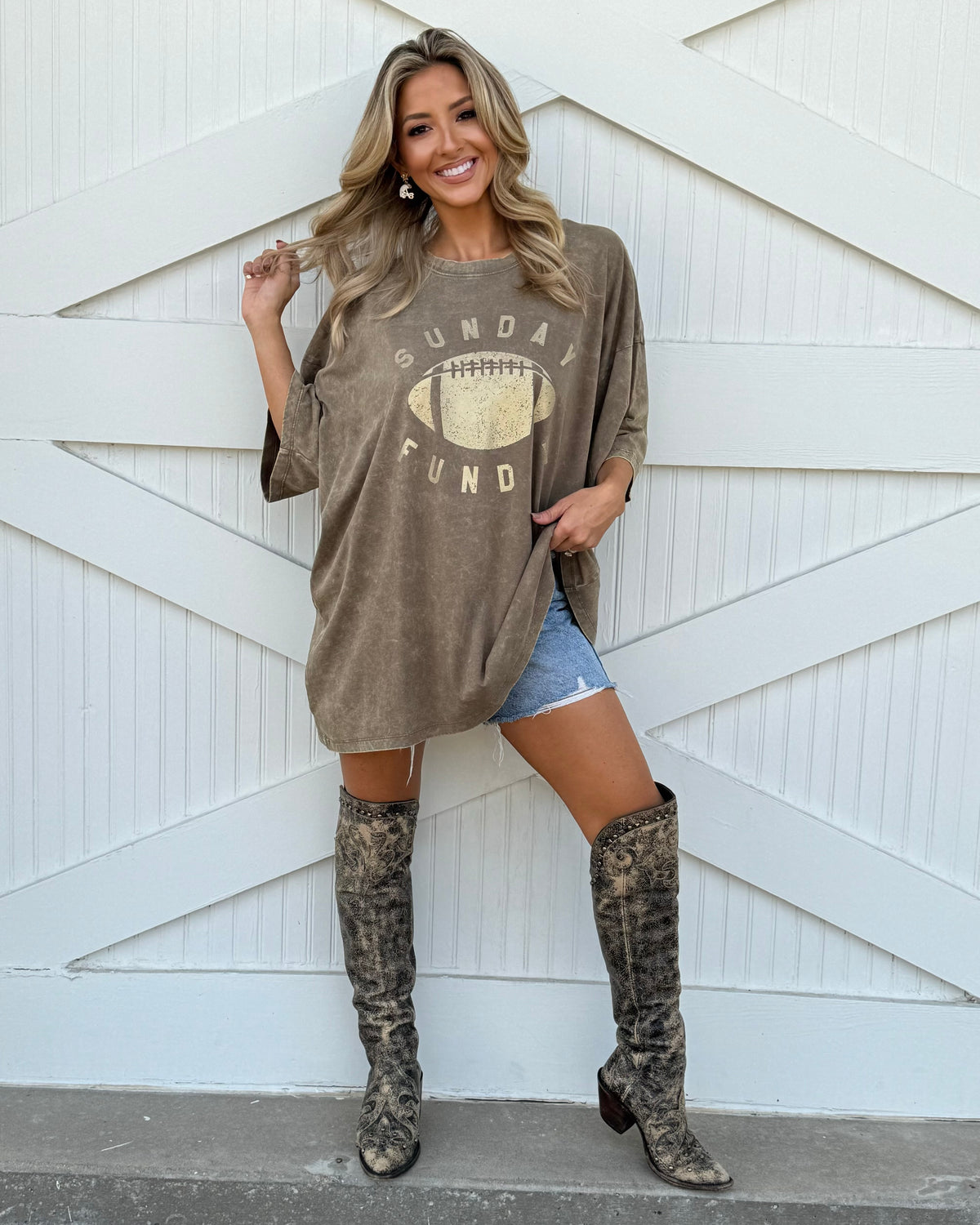 Mocha "Sunday Funday" Oversized Mineral-Washed Football Tee