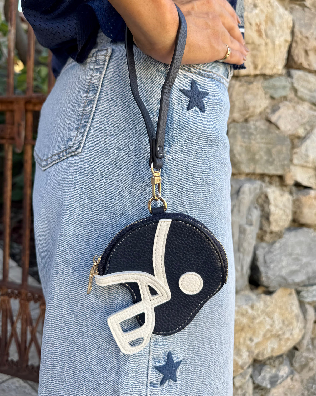 Navy Faux Leather Game Day Football-Helmet Coin Purse Wristlet