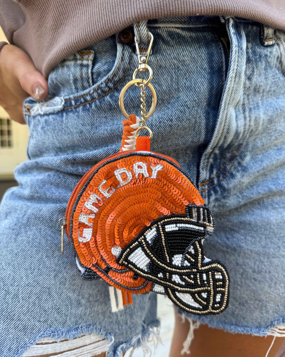 Sequin Orange Helmet Coin Purse Keychain