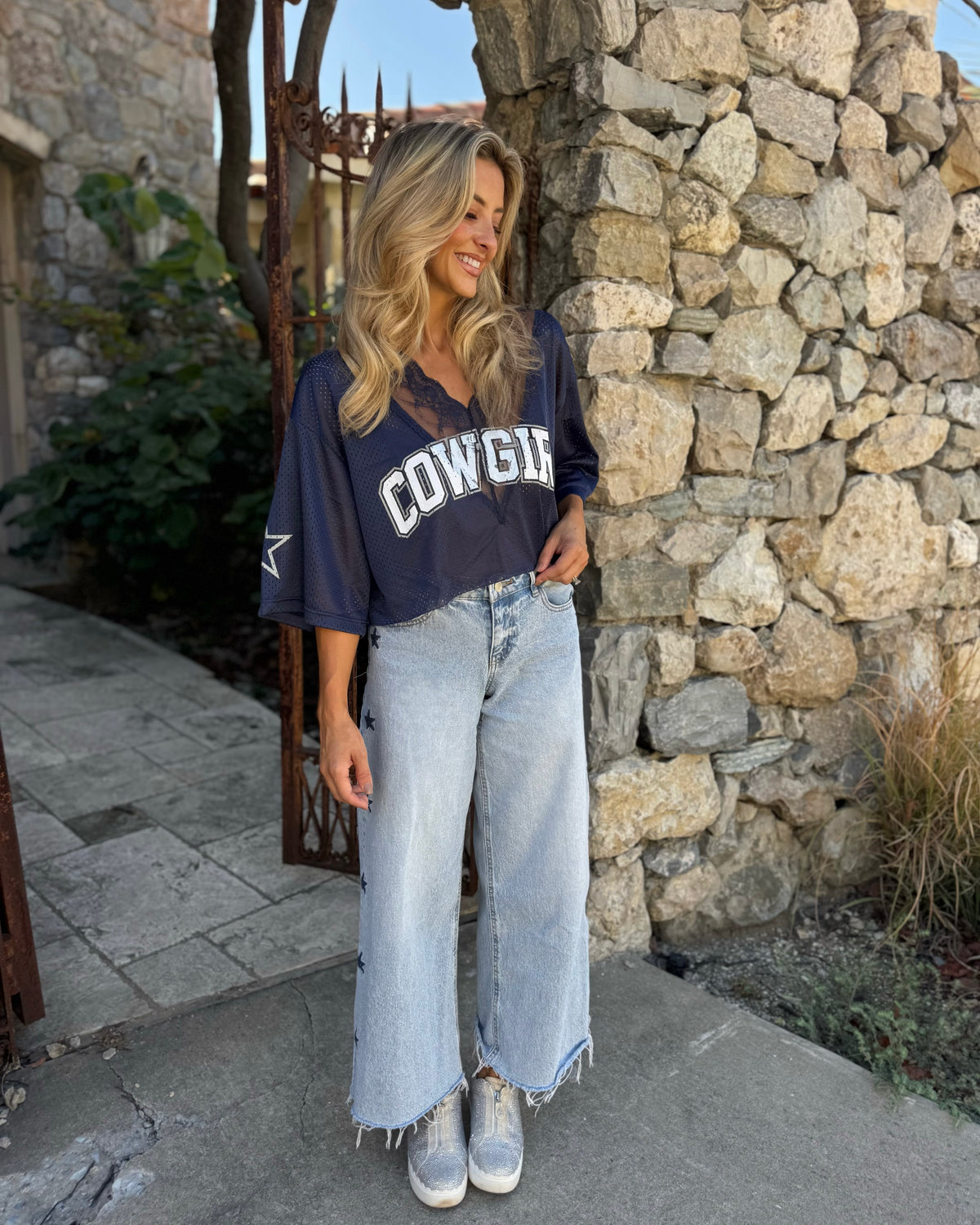Navy "Cowgirl" Lace V-Neck Cropped Jersey