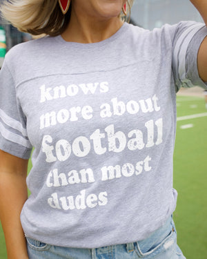 Gray Varsity Knows More About FOOTBALL Than Most Dudes Jersey Tee - Live Love Gameday®
