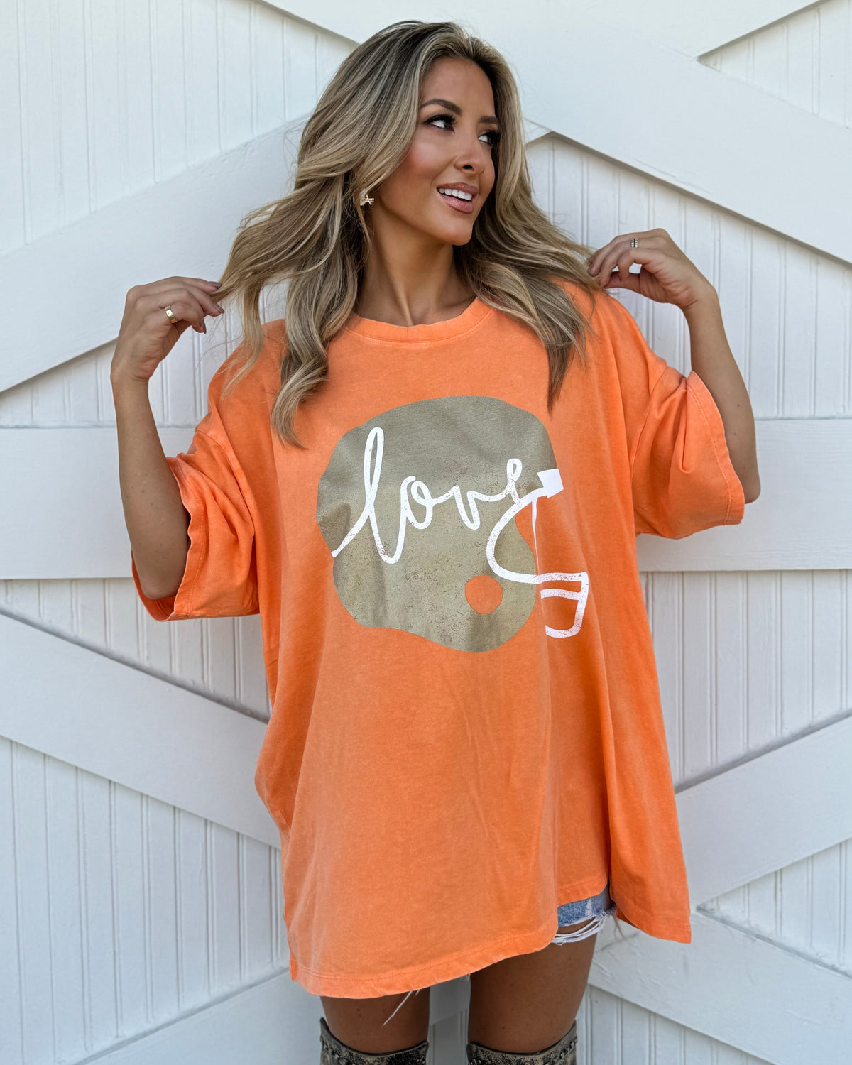 Orange "Football Helmet Love" Oversized Mineral-Washed Tee