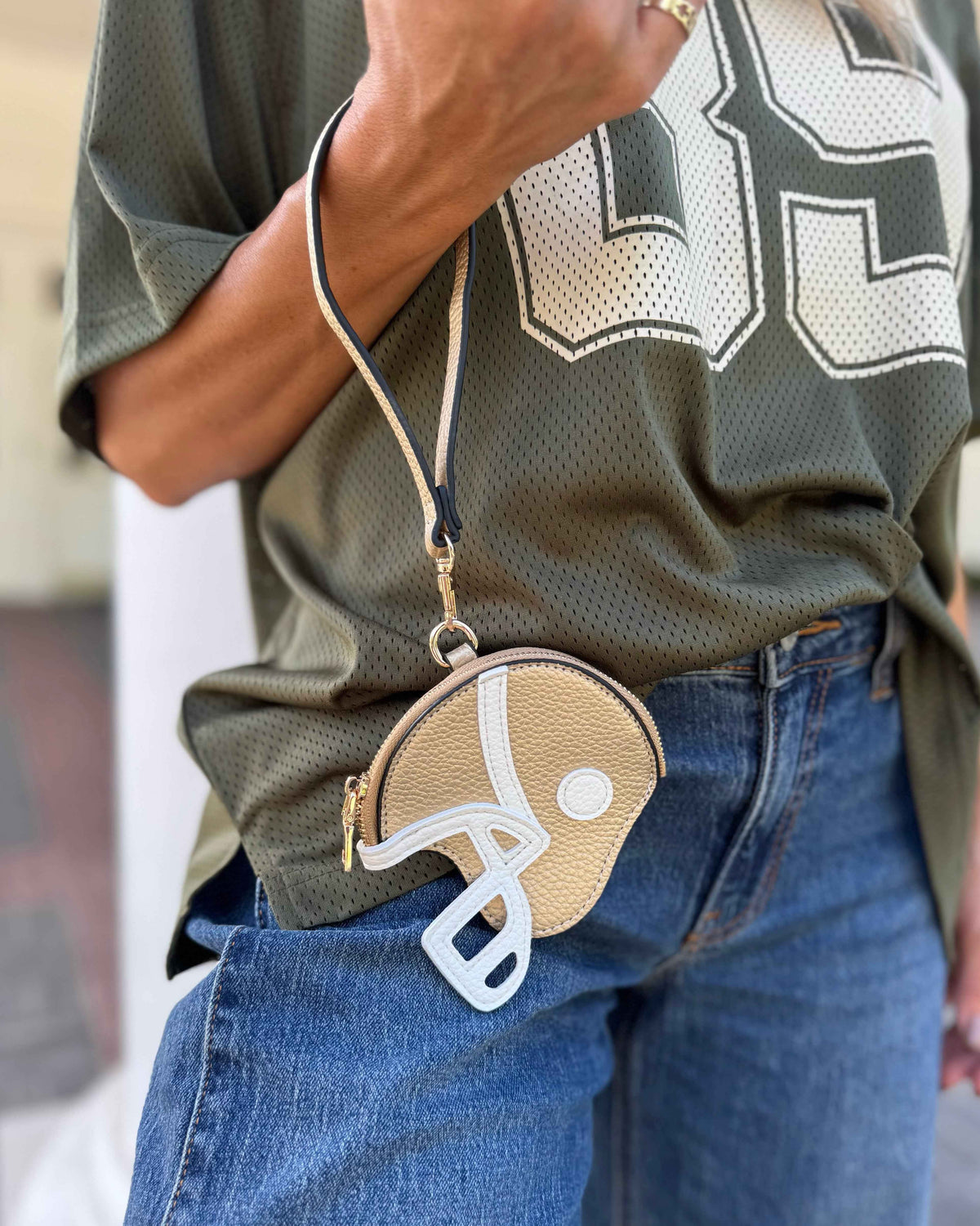 Gold Faux Leather Game Day Football-Helmet Coin Purse Wristlet