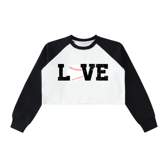 "LOVE Baseball" Raw-Hem Color-Block Raglan Crop Sweatshirt