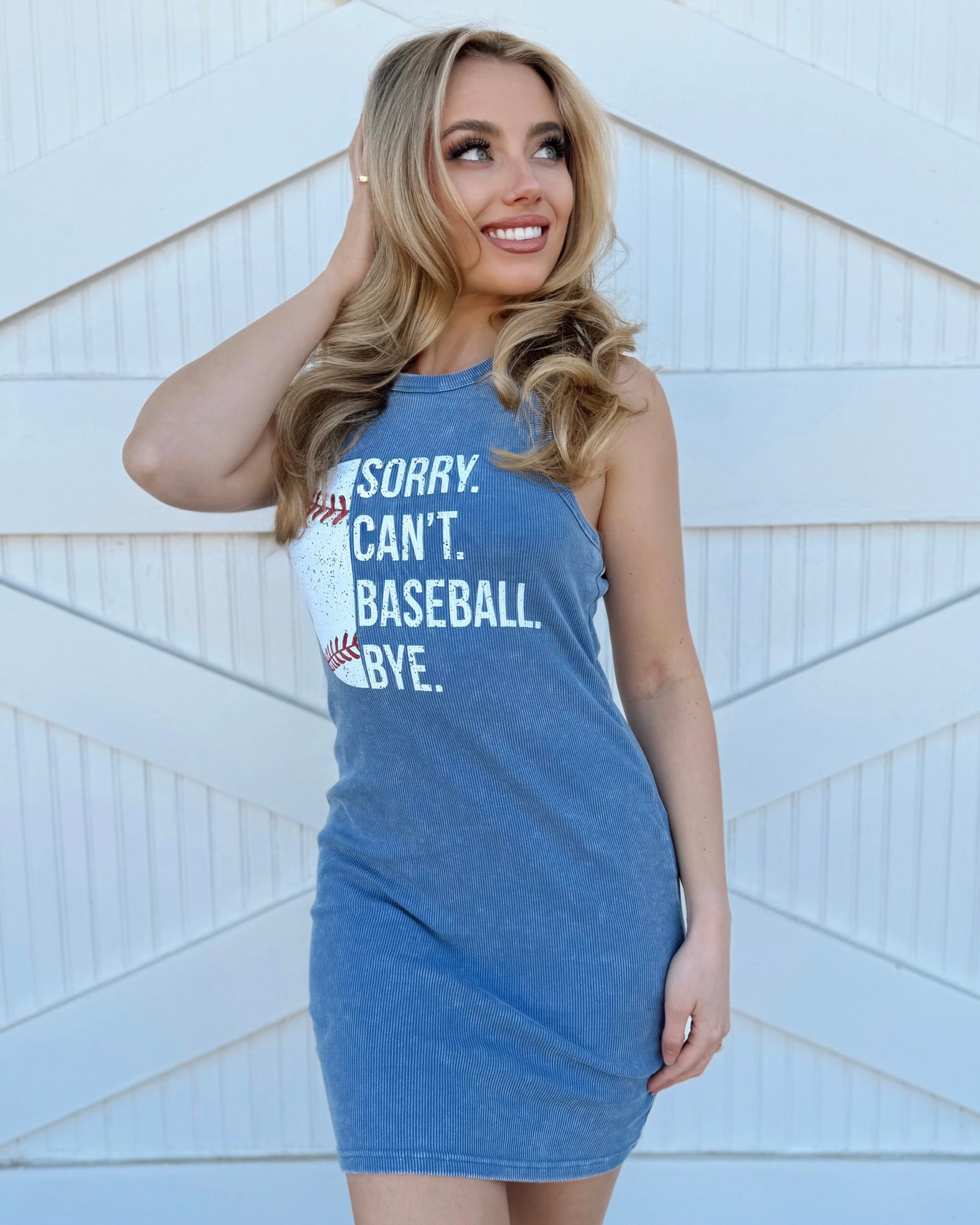 Blue Acid-Washed SORRY. CAN’T. BASEBALL. BYE. Ribbed Mini Dress - Live Love Gameday®