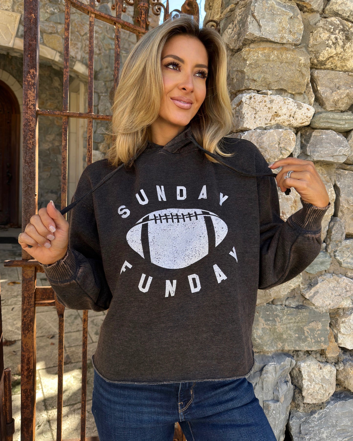 Charcoal Curved “Sunday Funday” Acid-Washed Semi-Cropped Hoodie