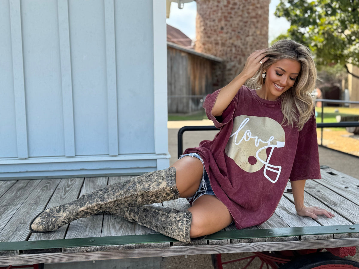 Wine "Football Helmet Love" Oversized Mineral-Washed Tee