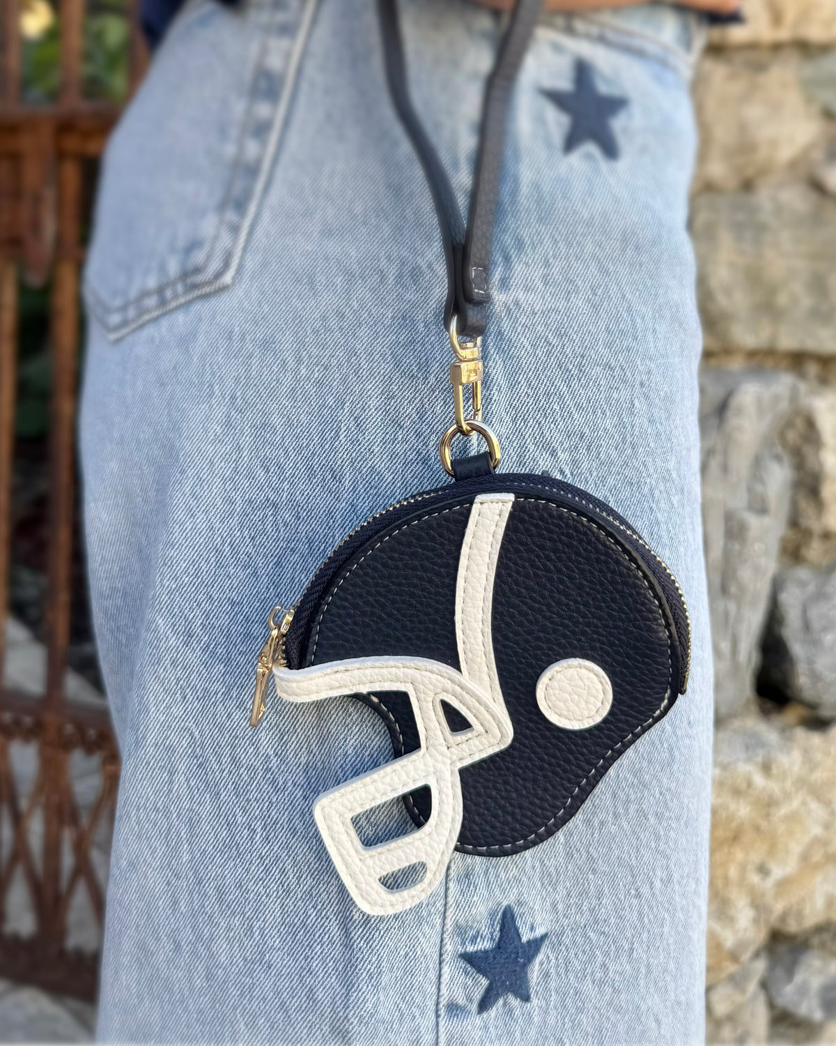 Navy Faux Leather Game Day Football-Helmet Coin Purse Wristlet