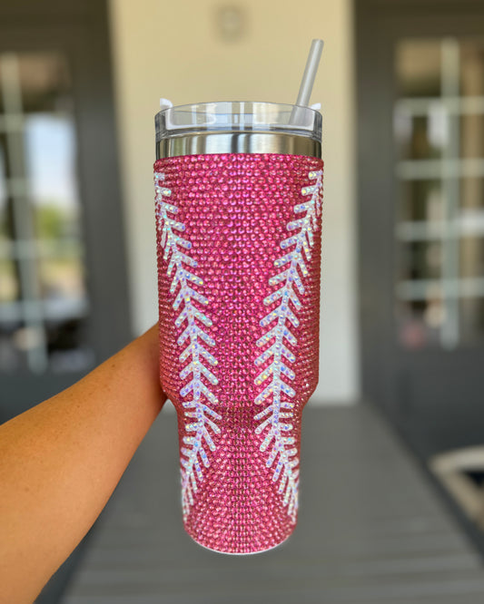 Pre-Order: HOT PINK Crystal Baseball/Softball "Blinged Out" 40 Oz. Tumbler (Ships Approx. 6/30) - Live Love Gameday®