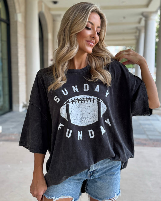 Washed Black "Sunday Funday" Oversized Mineral-Washed Tee