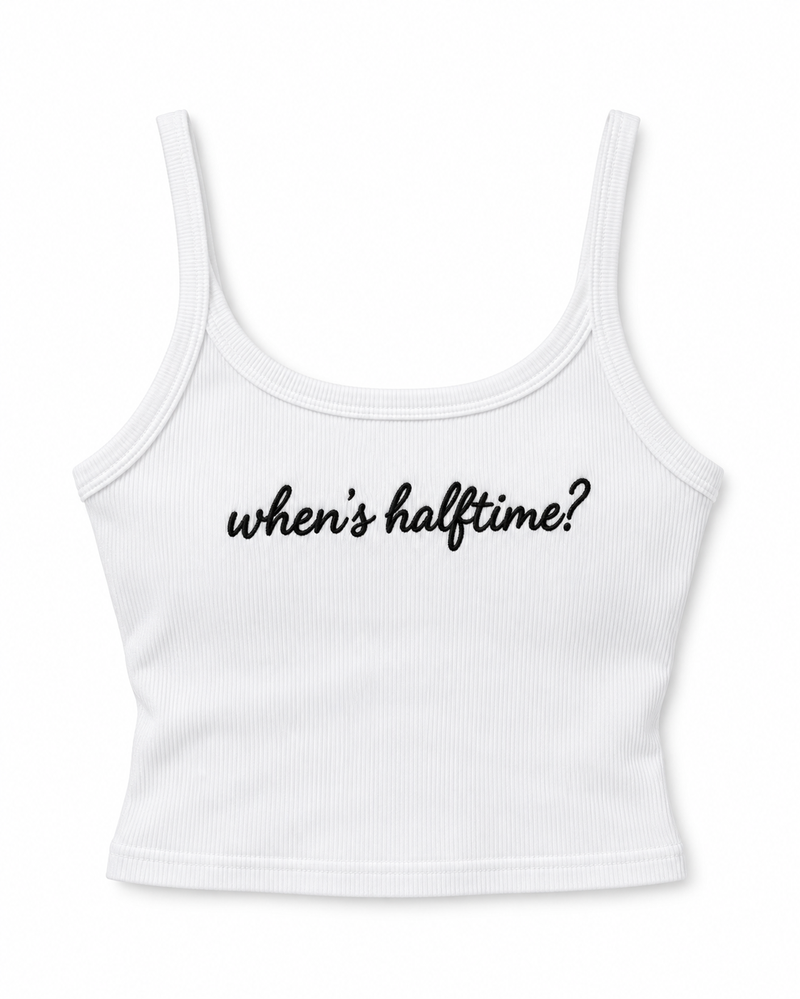 White "When's Halftime?" Embroidered Mini Ribbed Tank
