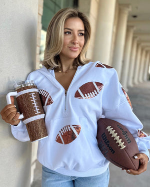 White Sequin Footballs Drawstring Half-Zip Pullover (Ships Approx. 11/15) - Live Love Gameday®