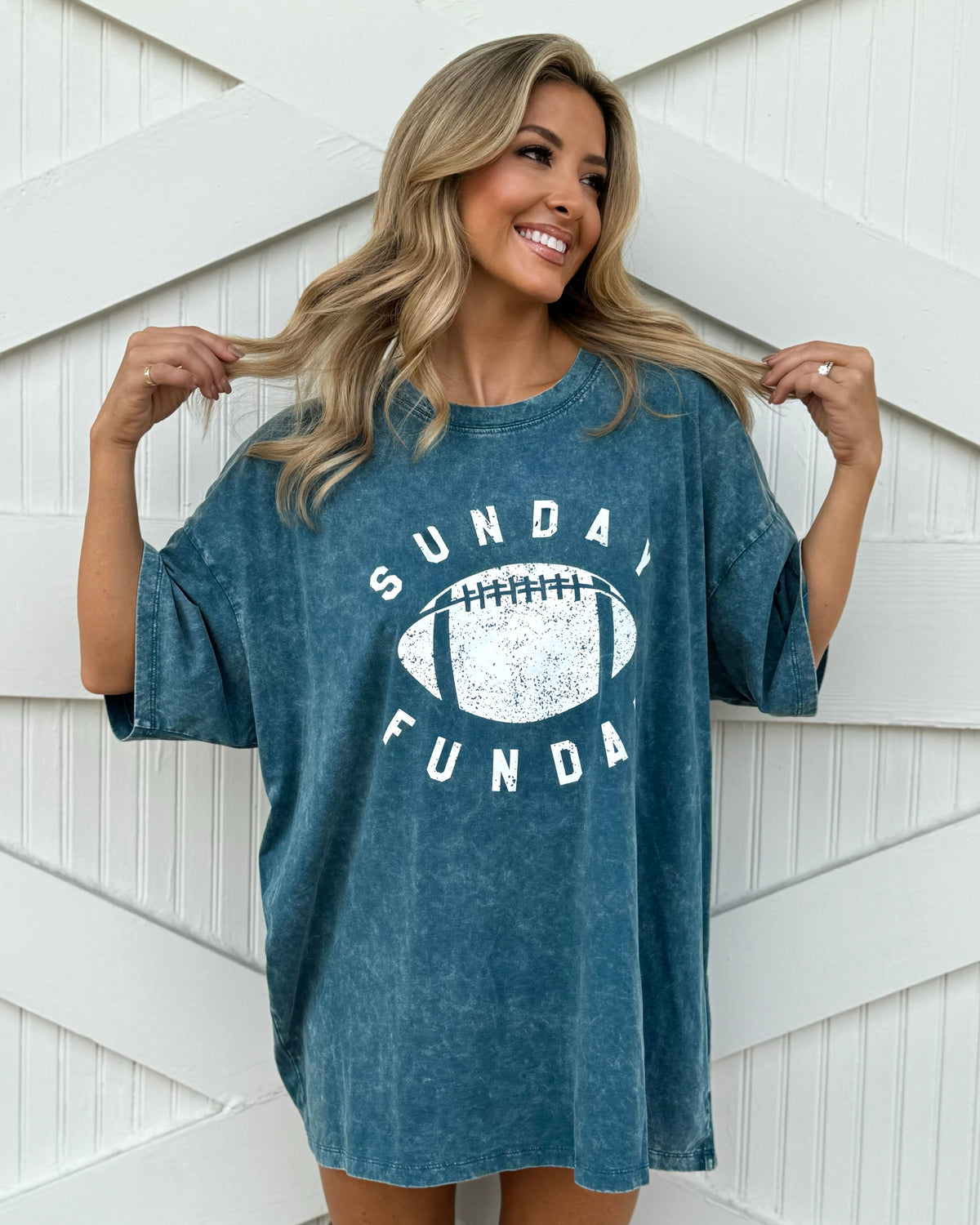 Teal "Sunday Funday" Oversized Mineral-Washed Football Tee