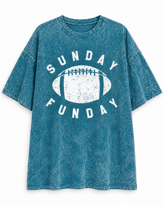Teal "Sunday Funday" Oversized Mineral-Washed Football Tee