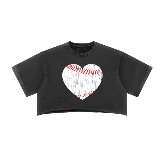 "Baseball Heart" Snow Washed Raw Edge Crop Top