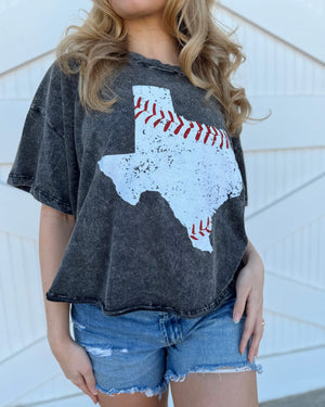 Vintage Black Baseball In “Texas” Mineral-Dipped Flowy Cropped Tee - Live Love Gameday®