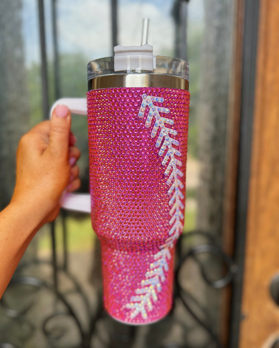 Pre-Order: HOT PINK Crystal Baseball/Softball "Blinged Out" 40 Oz. Tumbler (Ships Approx. 6/20) - Live Love Gameday®