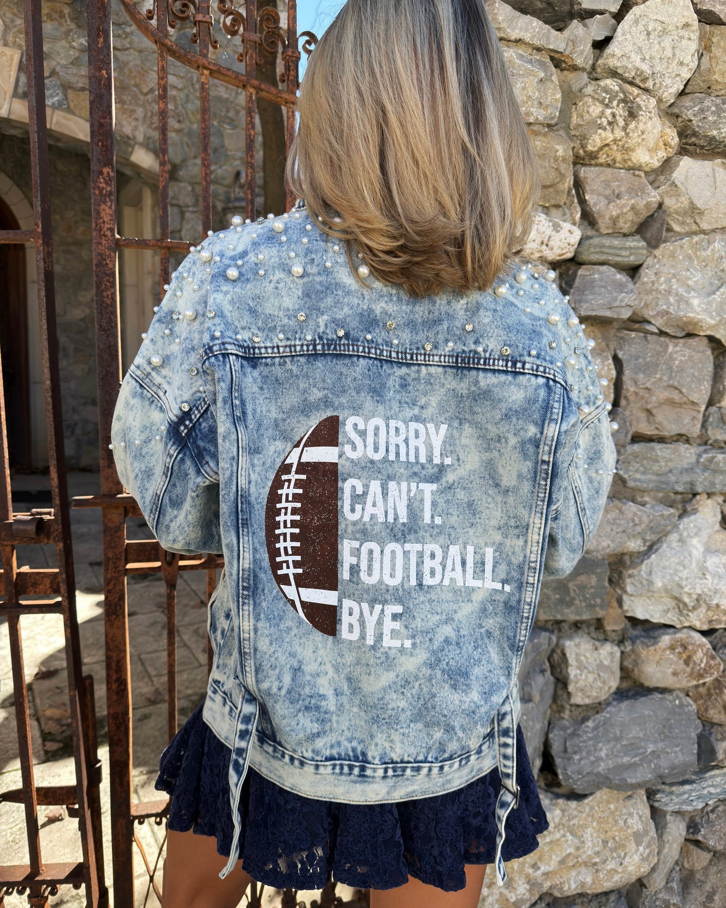 Pearl “Sorry. Can’t. Football. Bye.” Denim Jacket