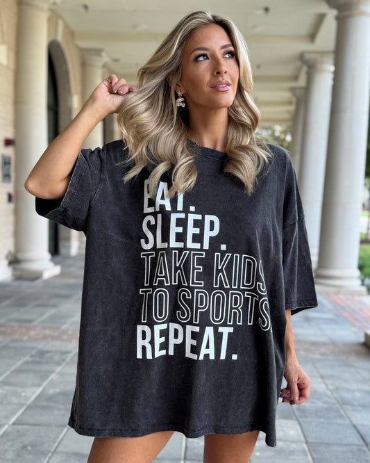 Washed Black "Eat. Sleep. Take Kids To Sports. Repeat." Oversized Mineral-Washed Tee