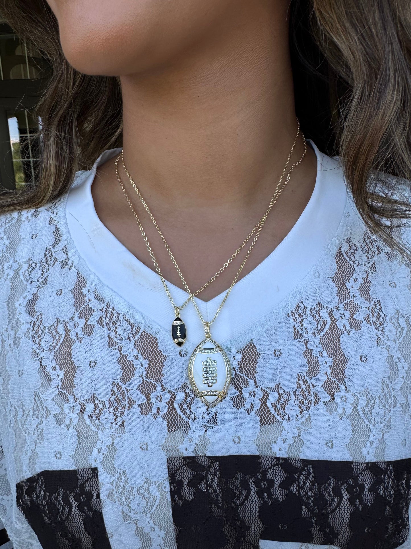 White/Gold Rhinestone Enamel Football Necklace