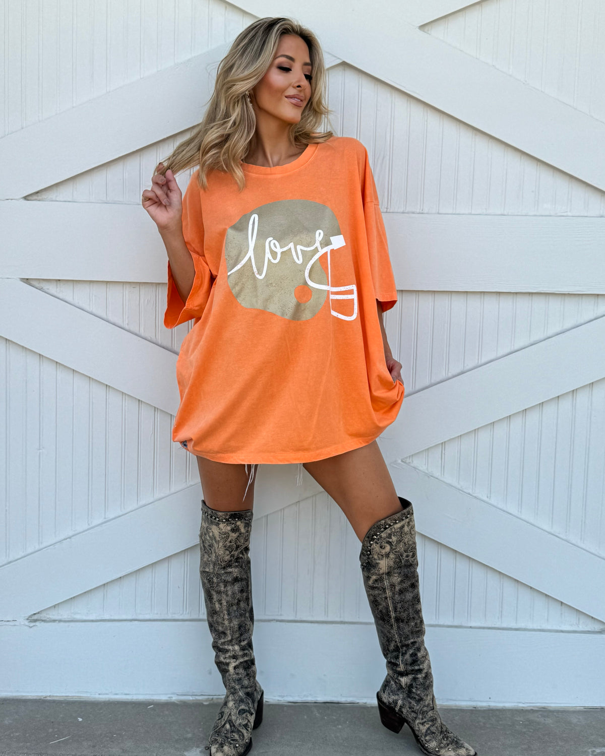 Orange "Football Helmet Love" Oversized Mineral-Washed Tee